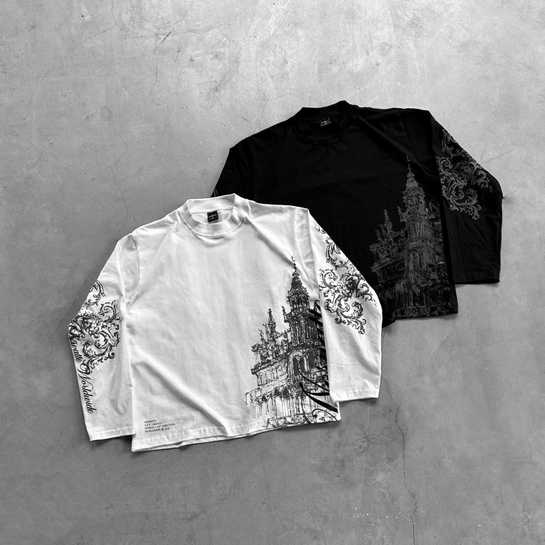 ull sleeve graphic tee Grim Silhouettes sweatpants dark streetwear outfit India OUR KARMA 2026