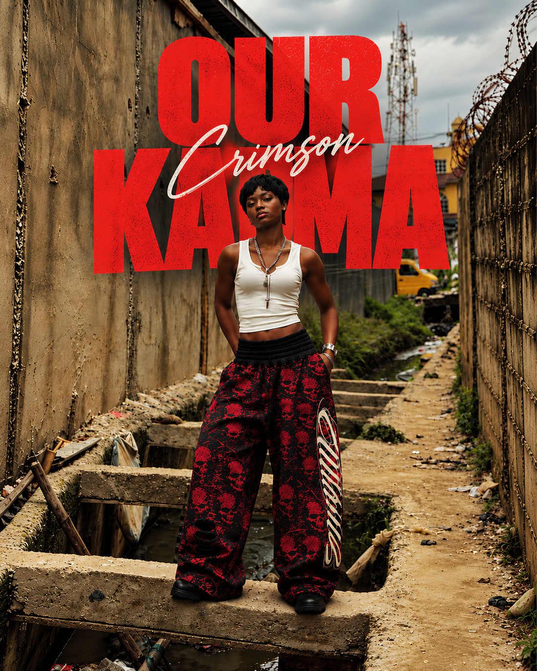 Crimson Skull Sweatpants with a unique double waistband, blood-red skull graphics, distressed detailing and a relaxed wide-leg fit by Our Karma Clothing.