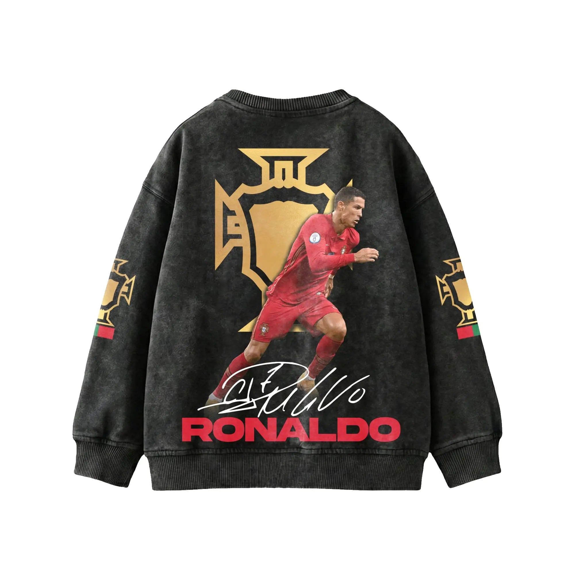 Oversized black sweatshirt featuring a printed football player in a red jersey, gold emblem accents, and Ronaldo name on the back.