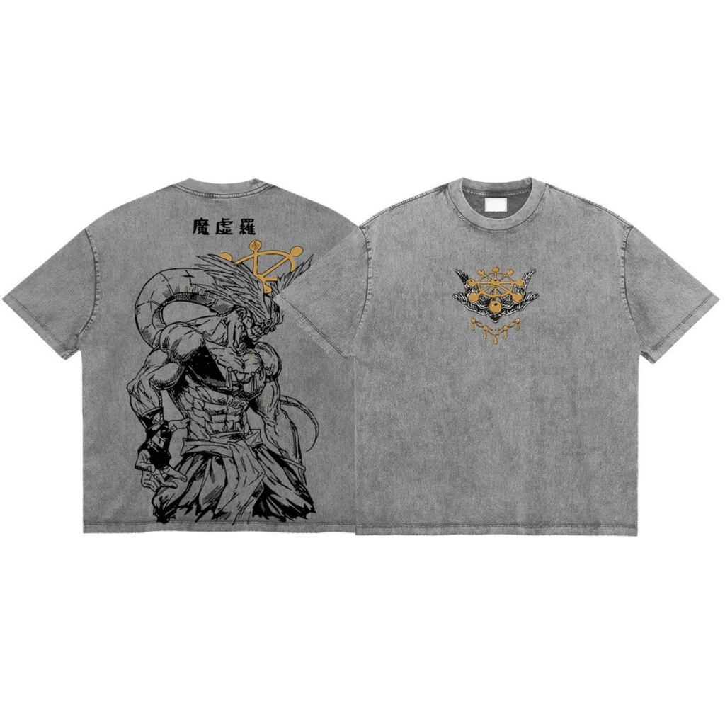 Gray t-shirt with a dragon graphic on the front and emblem on the back, displayed on a white background.